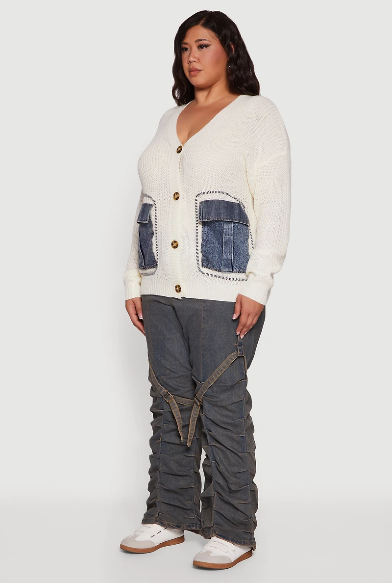 Womens Plus Denim Pocket Contrast Trim Button Front Cardigan, White,
