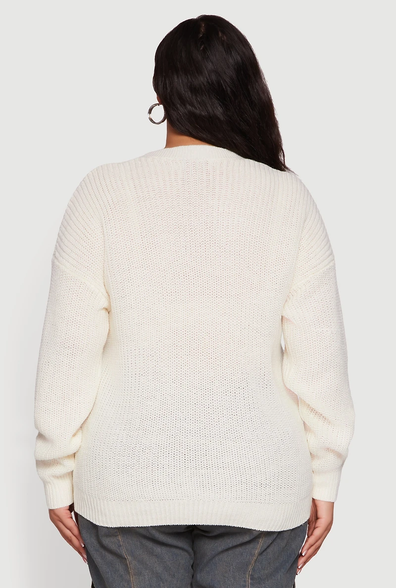 Womens Plus Size Denim Pocket Contrast Trim Button Front Cardigan, White, Size 1X