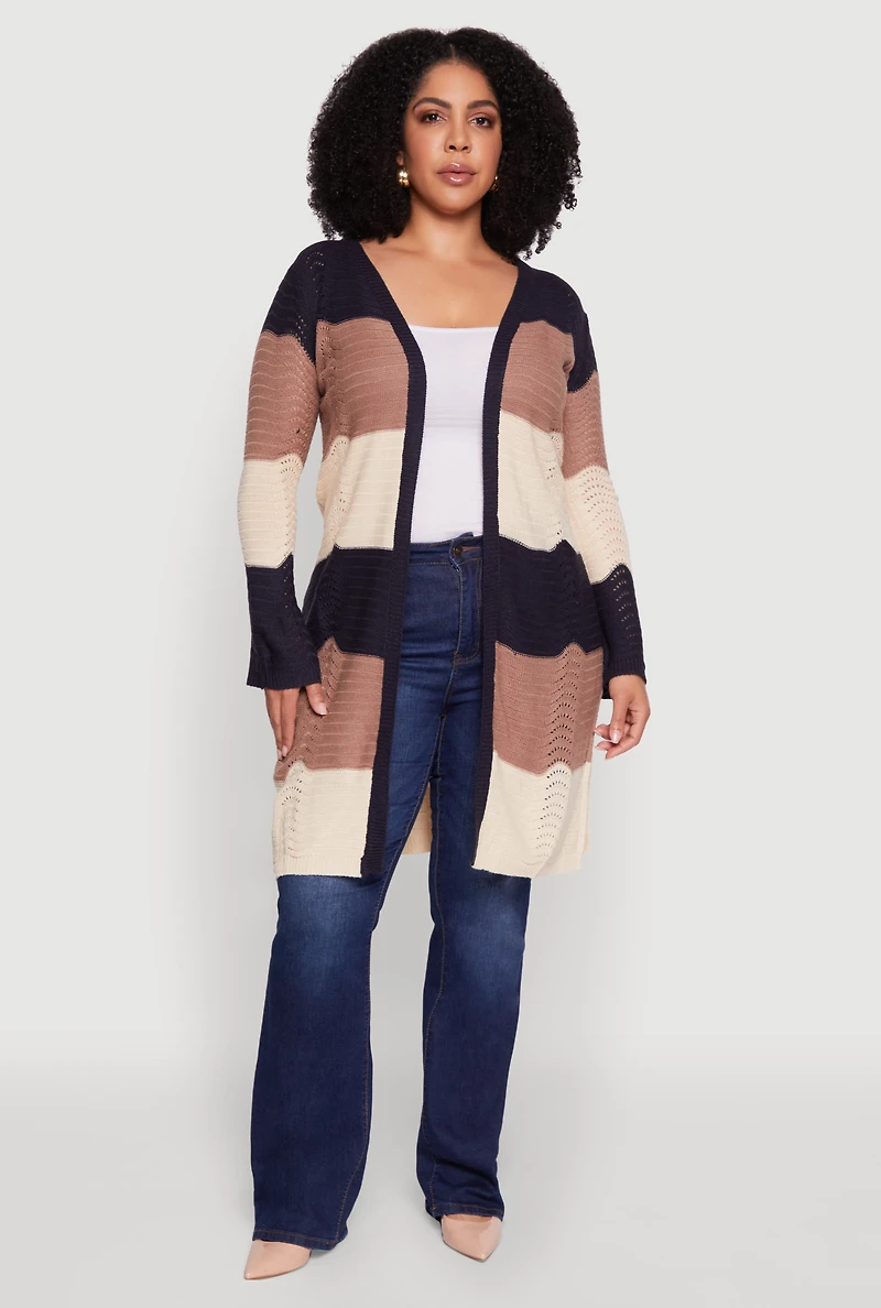 Womens Plus Striped Crochet Bell Sleeve Duster, Multi,