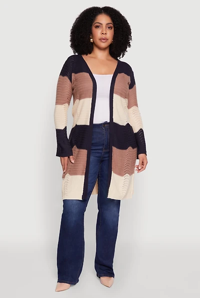 Womens Plus Size Striped Crochet Bell Sleeve Duster, Multi, Size 1X