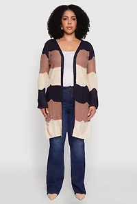 Womens Plus Size Striped Crochet Bell Sleeve Duster, Multi, Size 2X