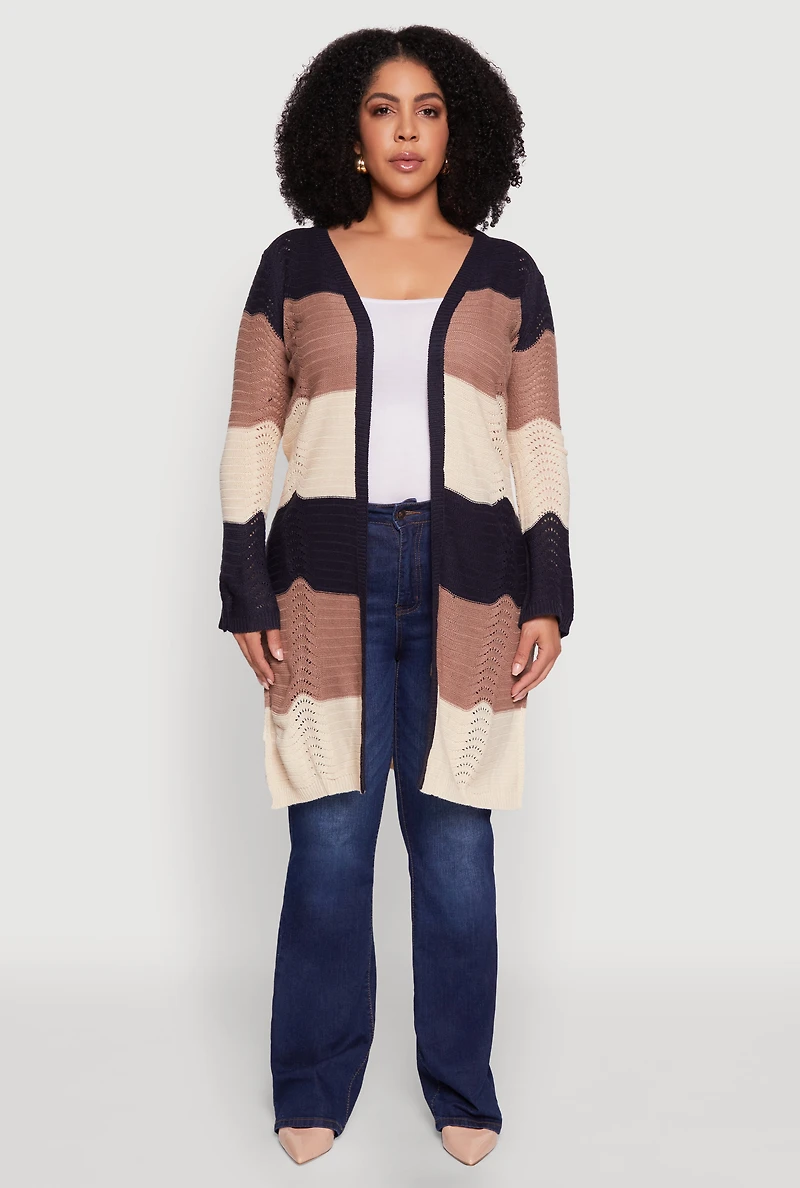 Womens Plus Striped Crochet Bell Sleeve Duster, Multi,