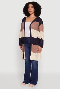 Womens Plus Size Striped Crochet Bell Sleeve Duster, Multi, Size 3X