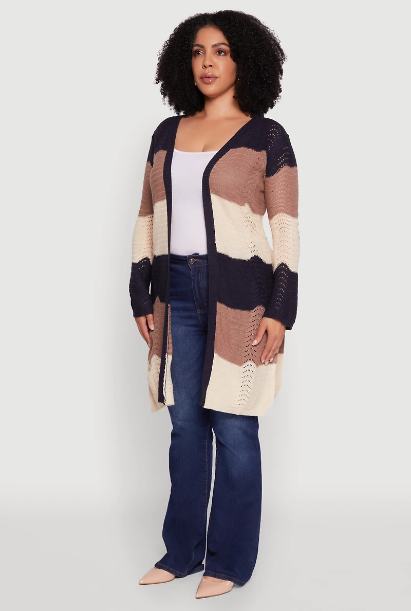 Womens Plus Striped Crochet Bell Sleeve Duster, Multi,