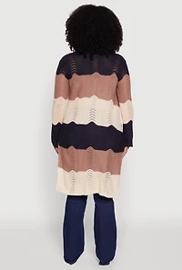 Womens Plus Size Striped Crochet Bell Sleeve Duster, Multi, Size 2X
