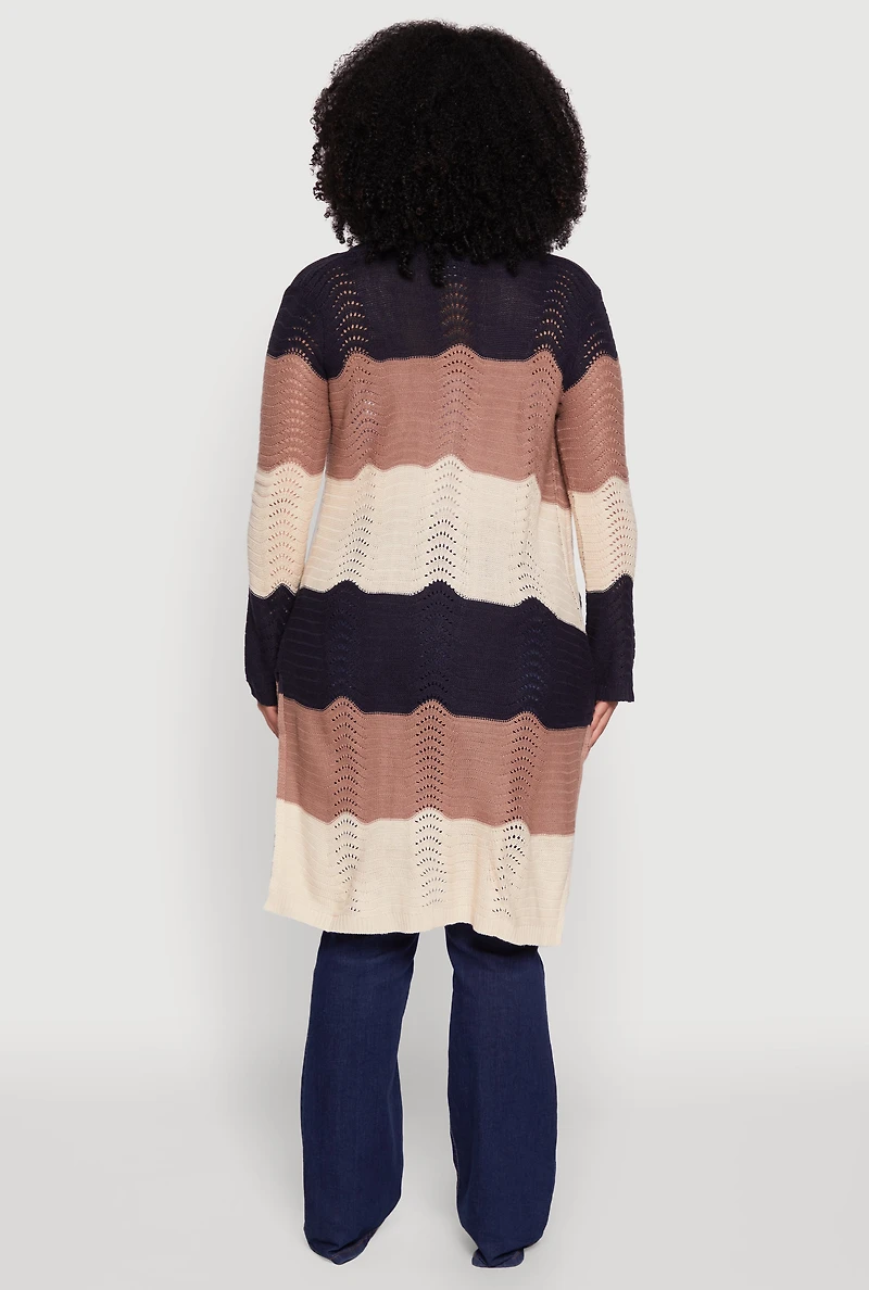 Womens Plus Size Striped Crochet Bell Sleeve Duster, Multi, Size 3X
