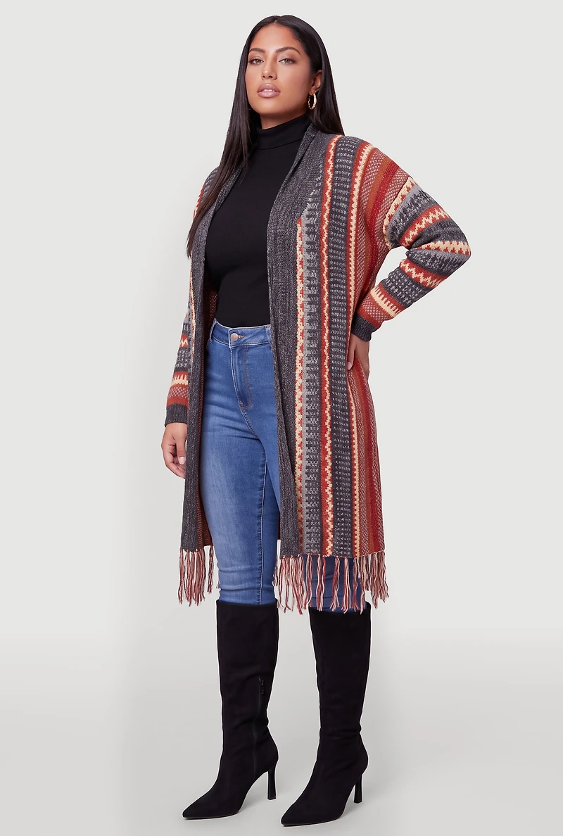 Plus Aztec Fringe Open Front Long Cardigan