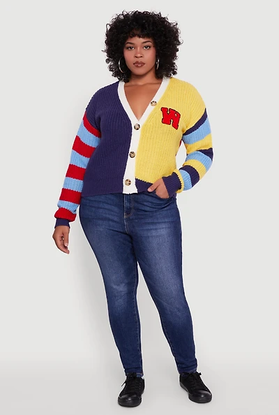 Womens Plus Size Color Blocked Striped W Patch Graphic Cardigan, Multi, Size 1X