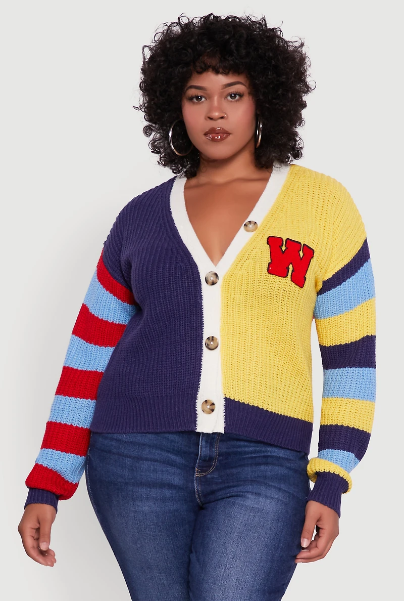 Womens Plus Color Blocked Striped W Patch Graphic Cardigan, Multi,