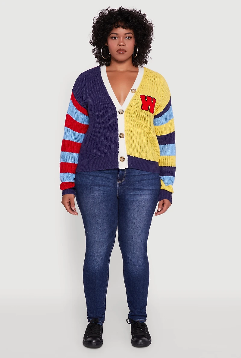 Womens Plus Color Blocked Striped W Patch Graphic Cardigan, Multi,