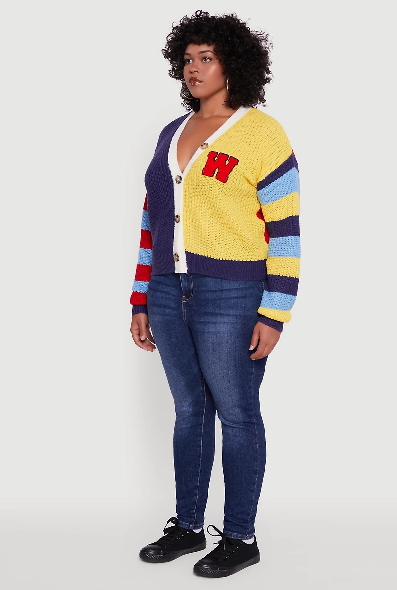 Womens Plus Color Blocked Striped W Patch Graphic Cardigan, Multi,
