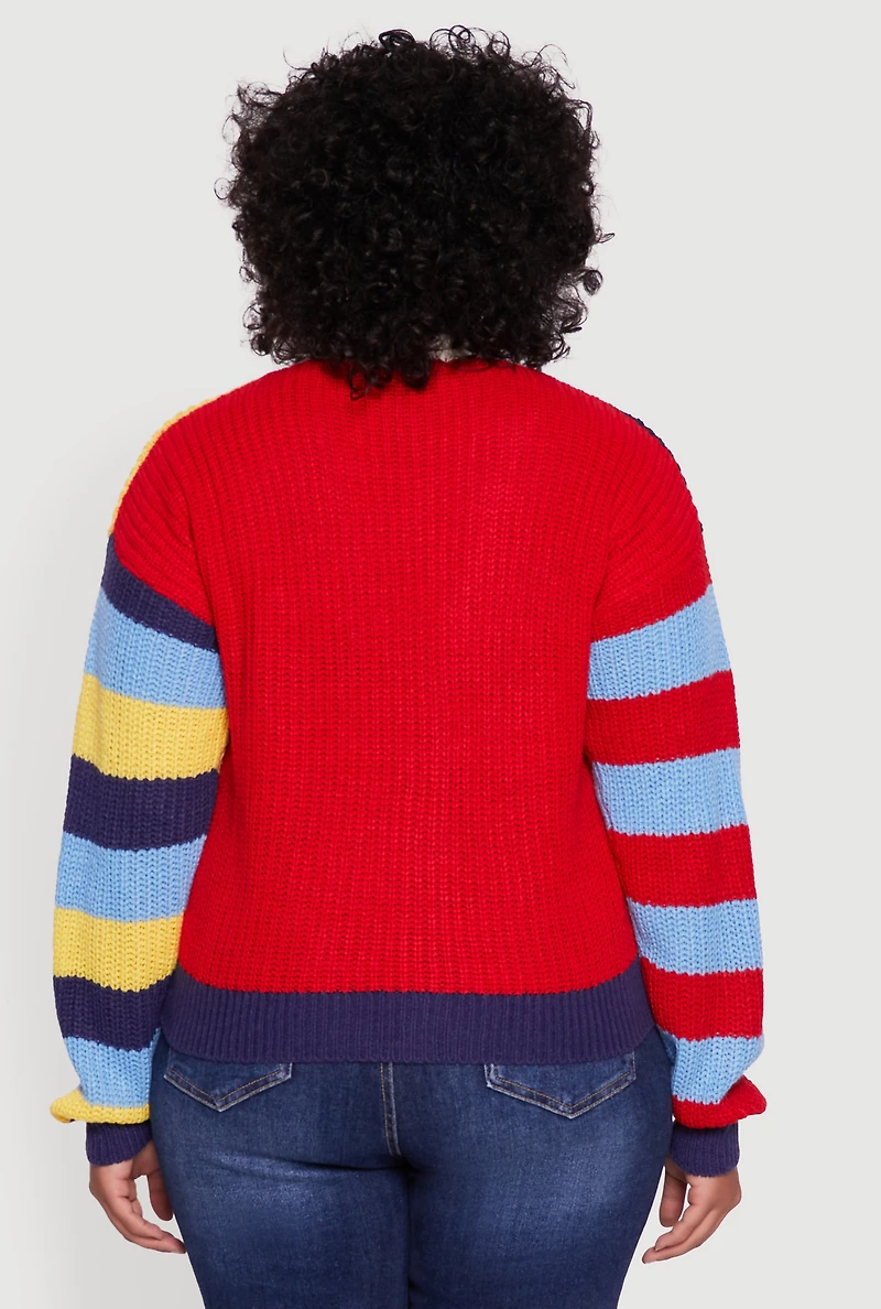 Womens Plus Color Blocked Striped W Patch Graphic Cardigan, Multi,