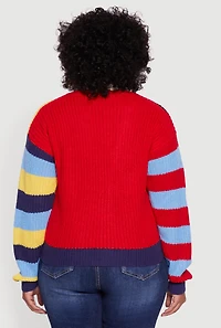 Womens Plus Color Blocked Striped W Patch Graphic Cardigan, Multi,