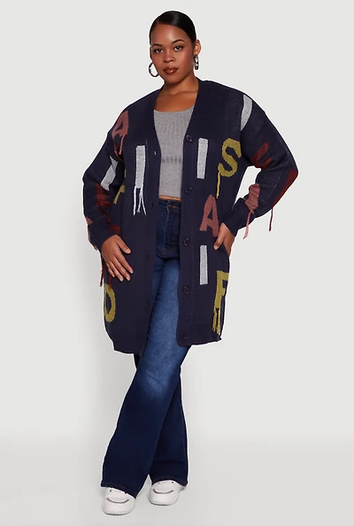 Womens Plus Size Color Blocked Alphabet Fringe Detail Cardigan, Blue, Size 1X