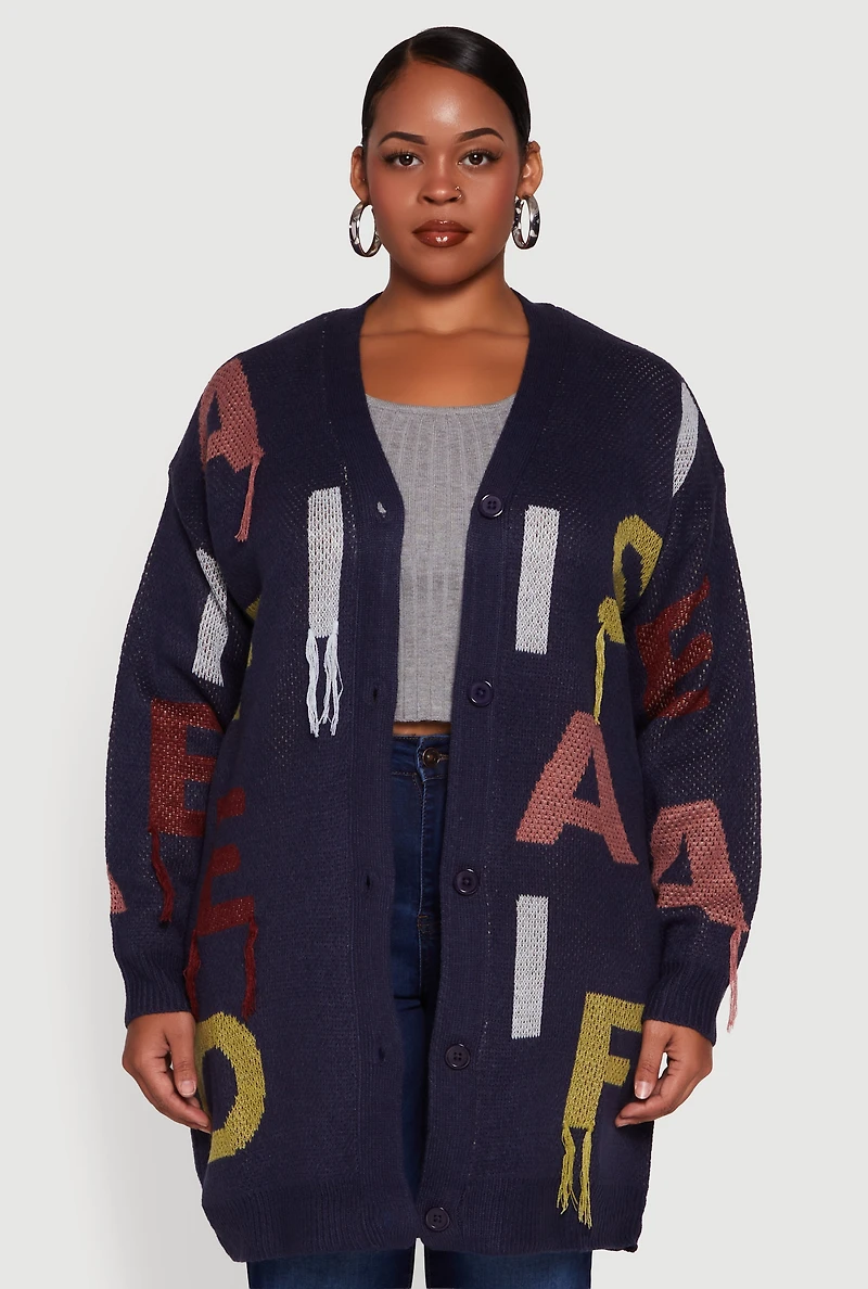 Womens Plus Color Blocked Alphabet Fringe Detail Cardigan, Blue,