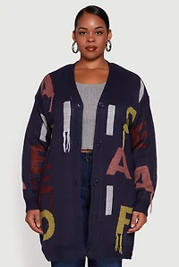 Womens Plus Color Blocked Alphabet Fringe Detail Cardigan, Blue,
