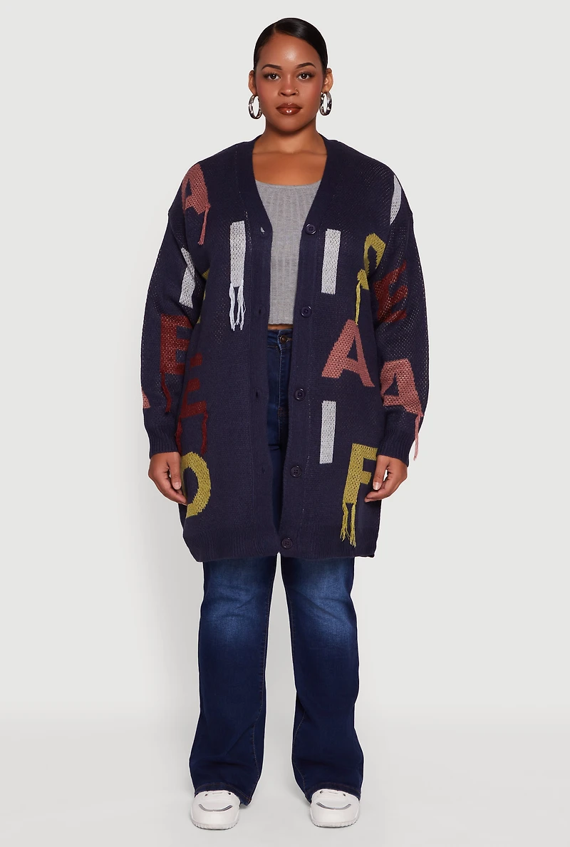 Womens Plus Color Blocked Alphabet Fringe Detail Cardigan, Blue,