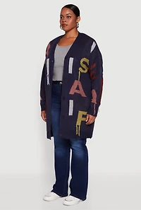 Womens Plus Color Blocked Alphabet Fringe Detail Cardigan, Blue,