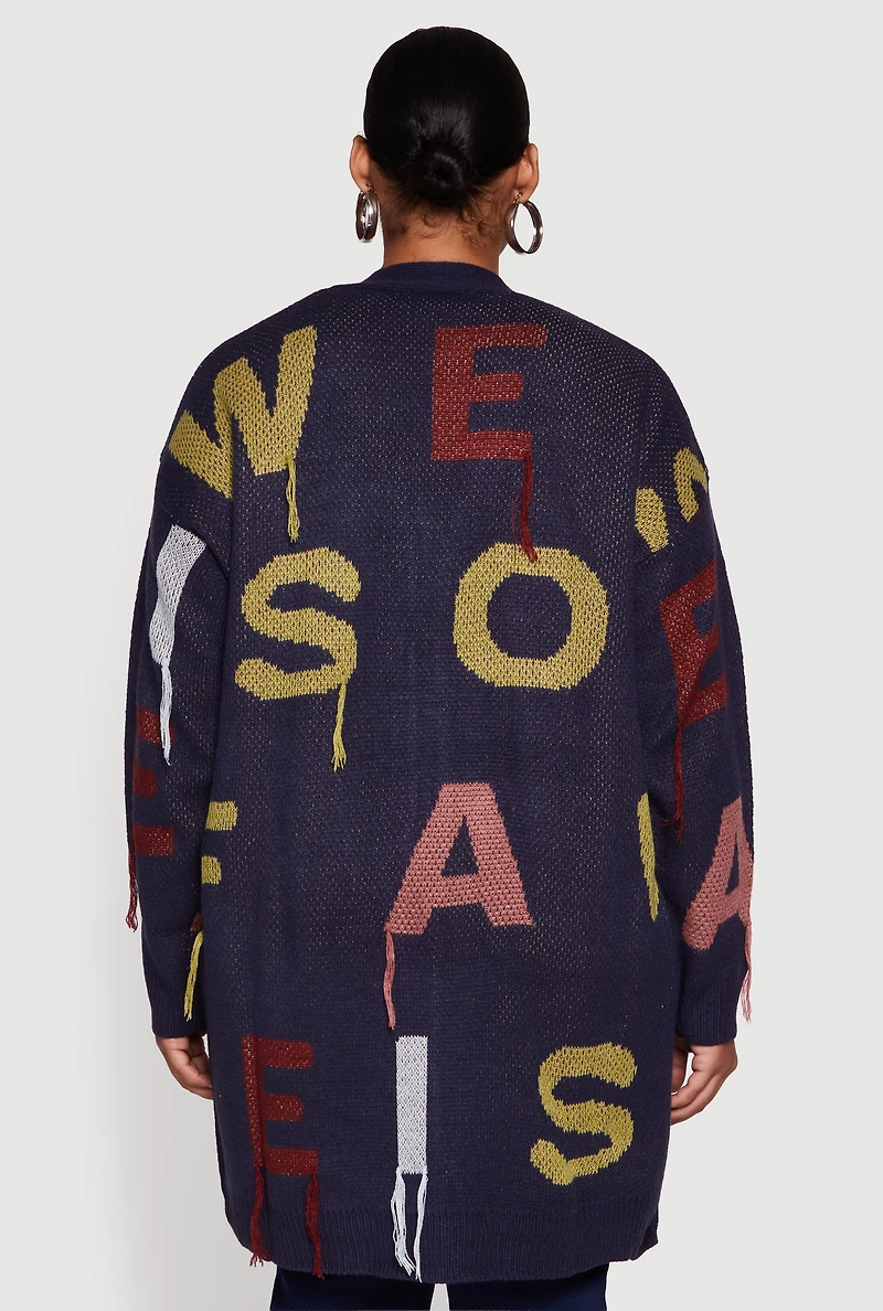 Plus Color Blocked Alphabet Fringe Detail Cardigan