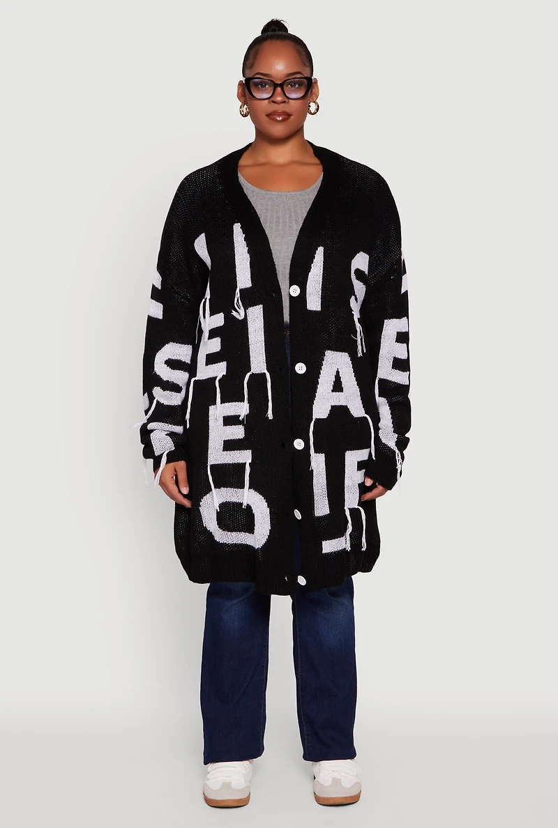 Womens Plus Size Alphabet Fringe Detail Long Cardigan, Black, Size 2X