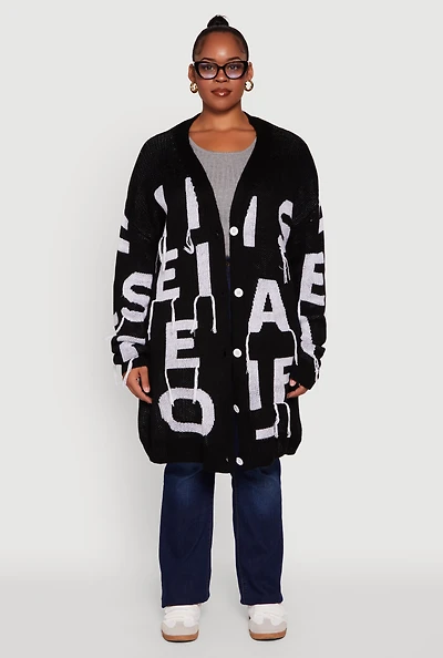 Womens Plus Size Alphabet Fringe Detail Long Cardigan, Black, Size 2X