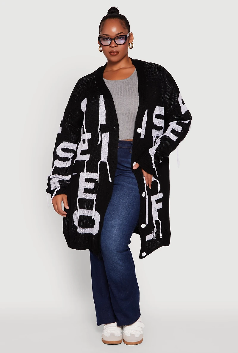Womens Plus Size Alphabet Fringe Detail Long Cardigan, Black, Size 2X