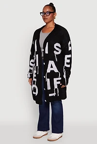 Womens Plus Size Alphabet Fringe Detail Long Cardigan, Black, Size 2X