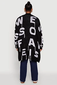 Womens Plus Size Alphabet Fringe Detail Long Cardigan, Black, Size 2X