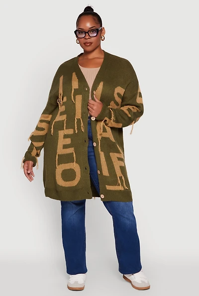 Womens Plus Size Alphabet Fringe Detail Long Cardigan, Green, Size 1X