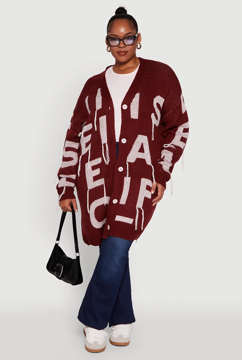 Womens Plus Alphabet Fringe Detail Long Cardigan,