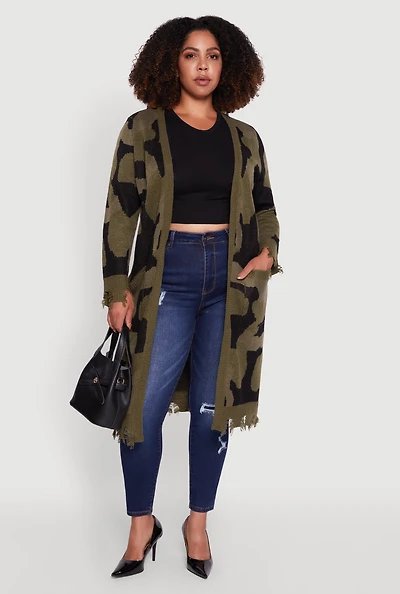 Womens Plus Size Camo Open Front Long Cardigan with Pockets, Green, Size 3X