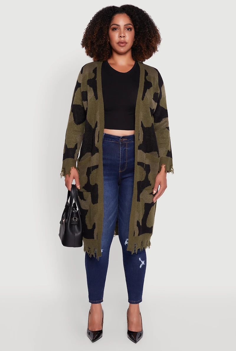 Womens Plus Camo Open Front Long Cardigan with Pockets, Green,