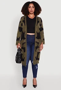 Womens Plus Camo Open Front Long Cardigan with Pockets, Green,