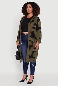 Womens Plus Camo Open Front Long Cardigan with Pockets, Green,