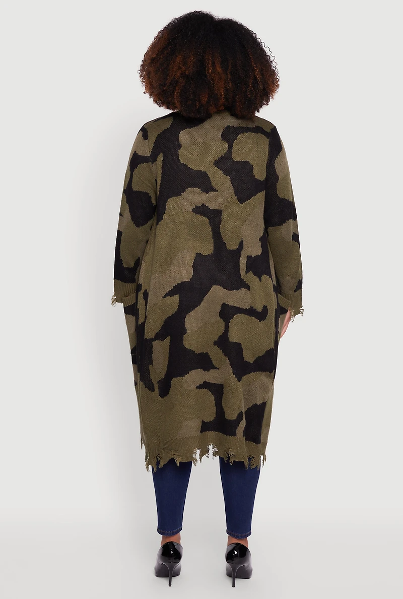 Womens Plus Camo Open Front Long Cardigan with Pockets, Green,