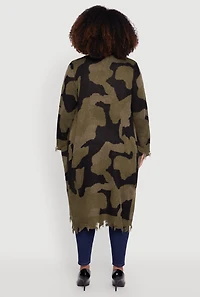 Womens Plus Camo Open Front Long Cardigan with Pockets, Green,