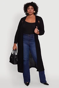 Womens Plus Distressed Long Sleeve Open Front Cardigan, Black,