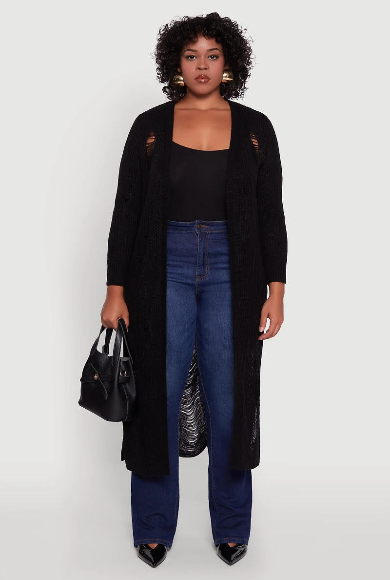 Womens Plus Distressed Long Sleeve Open Front Cardigan, Black,