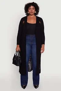 Womens Plus Distressed Long Sleeve Open Front Cardigan, Black,