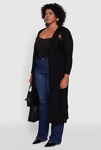Womens Plus Distressed Long Sleeve Open Front Cardigan, Black,