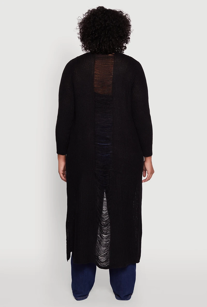 Womens Plus Distressed Long Sleeve Open Front Cardigan, Black,