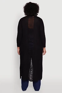 Womens Plus Distressed Long Sleeve Open Front Cardigan, Black,