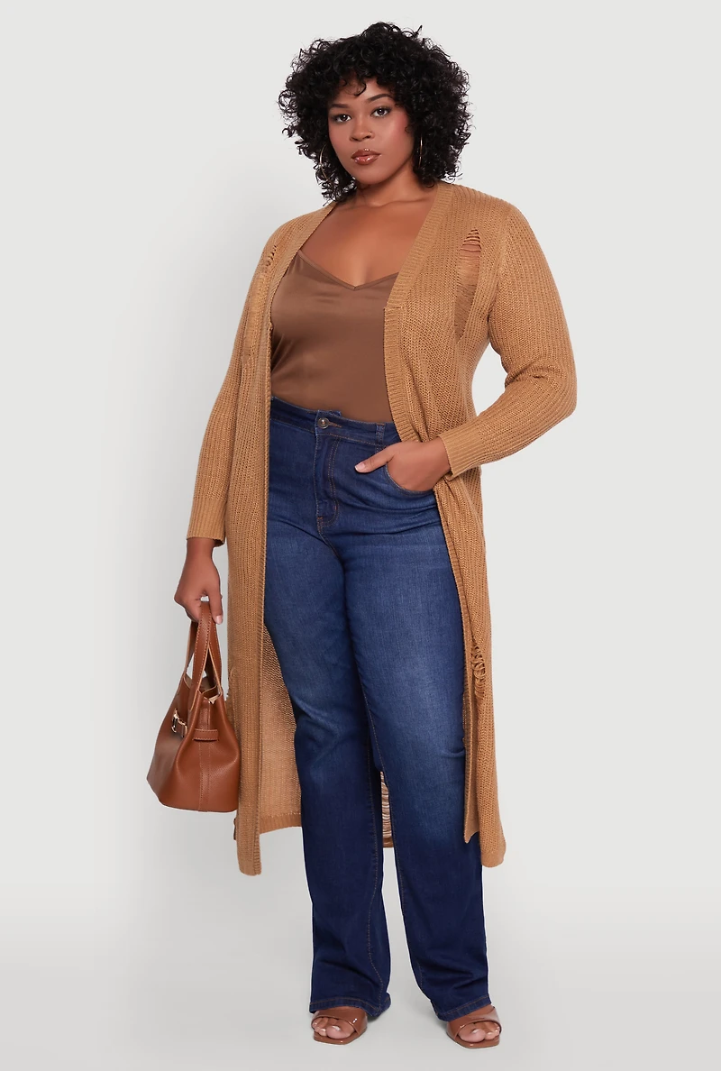 Womens Plus Distressed Long Sleeve Open Front Cardigan,