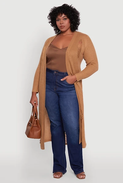 Womens Plus Distressed Long Sleeve Open Front Cardigan,
