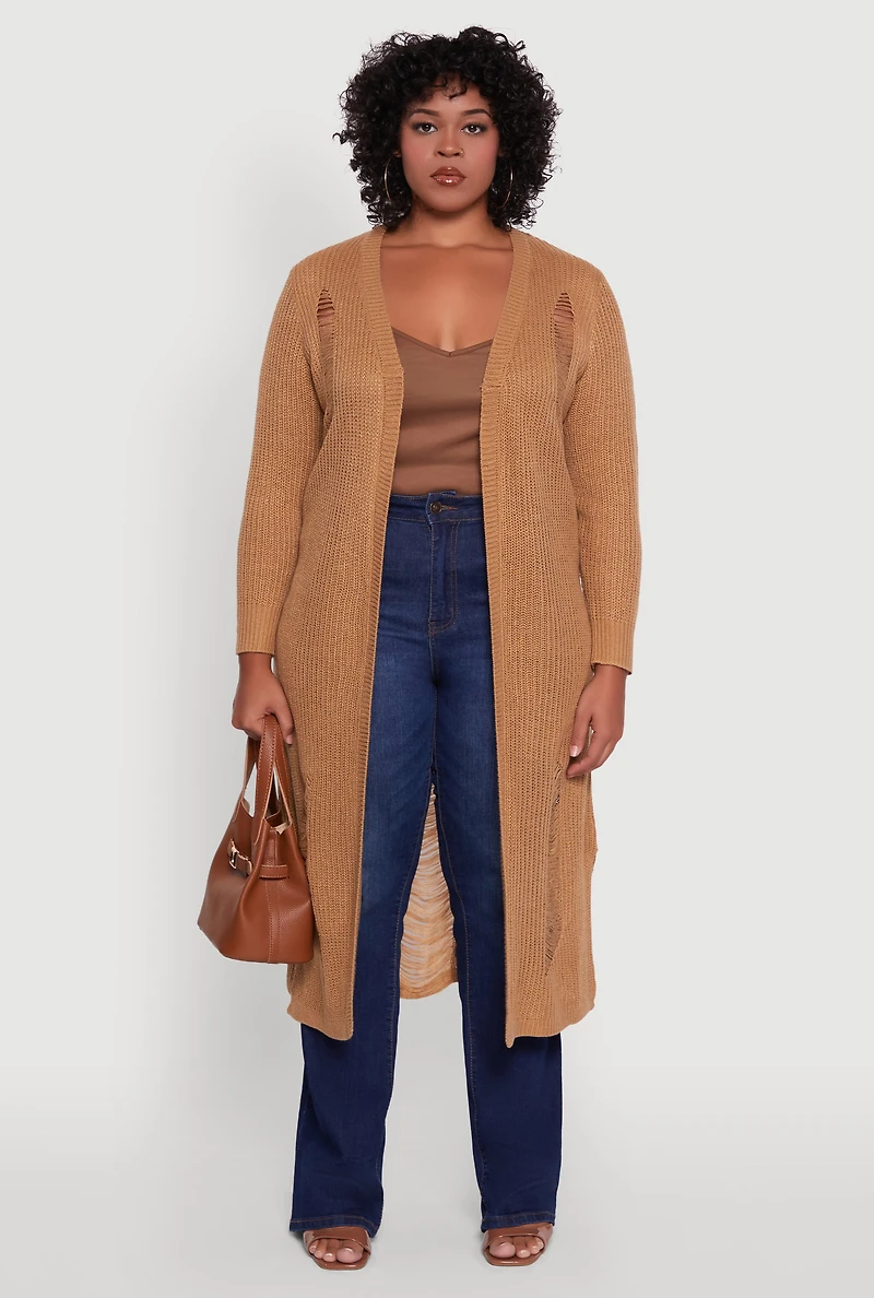 Womens Plus Distressed Long Sleeve Open Front Cardigan,