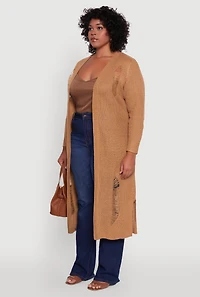 Womens Plus Distressed Long Sleeve Open Front Cardigan,