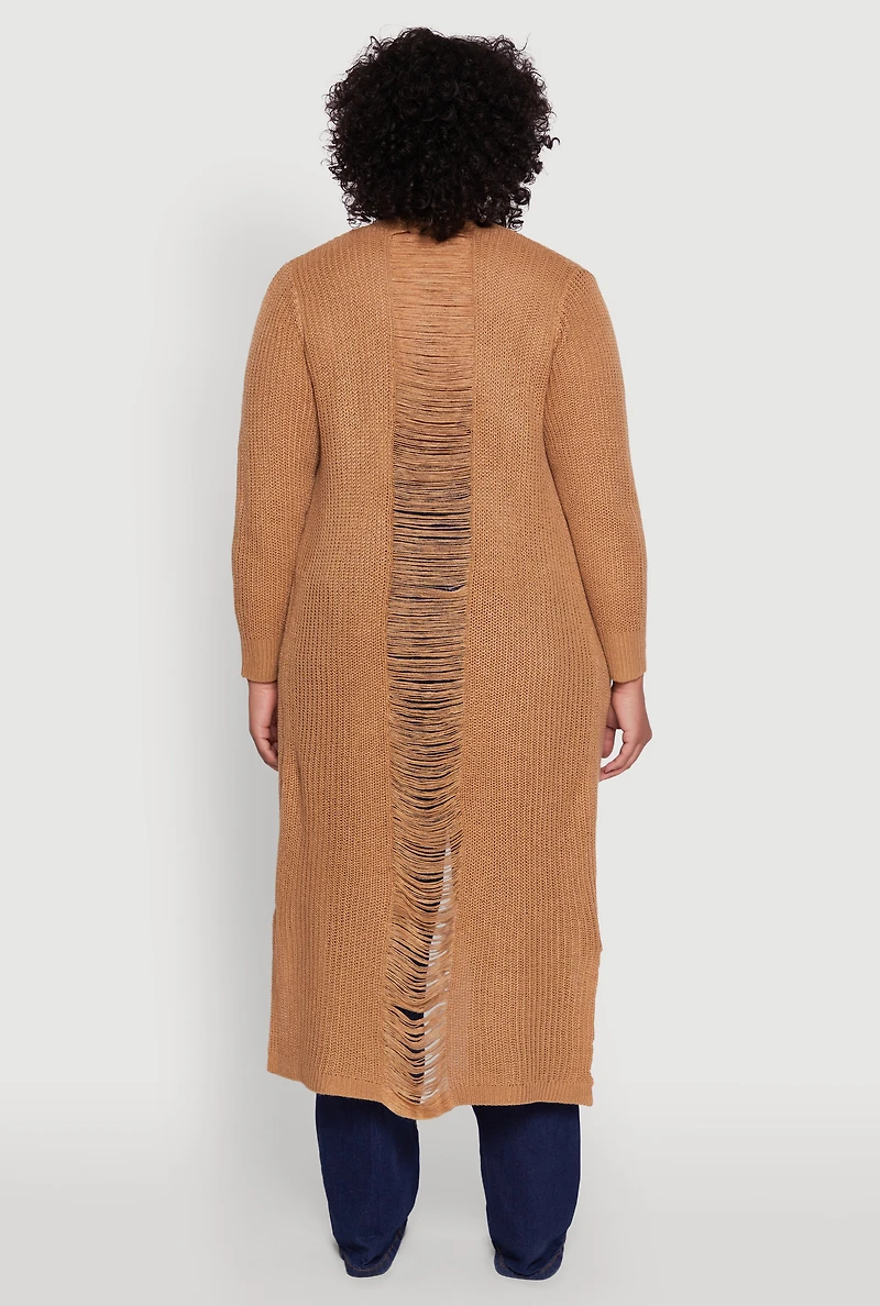 Womens Plus Size Distressed Long Sleeve Open Front Long Cardigan, Beige, Size 1X