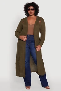 Plus Distressed Long Sleeve Open Front Cardigan