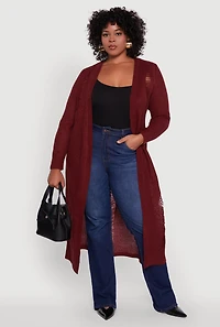 Womens Plus Size Distressed Long Sleeve Open Front Long Cardigan, Burgundy, Size 2X
