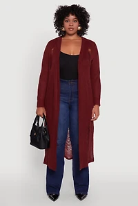 Womens Plus Size Distressed Long Sleeve Open Front Long Cardigan, Burgundy, Size 2X